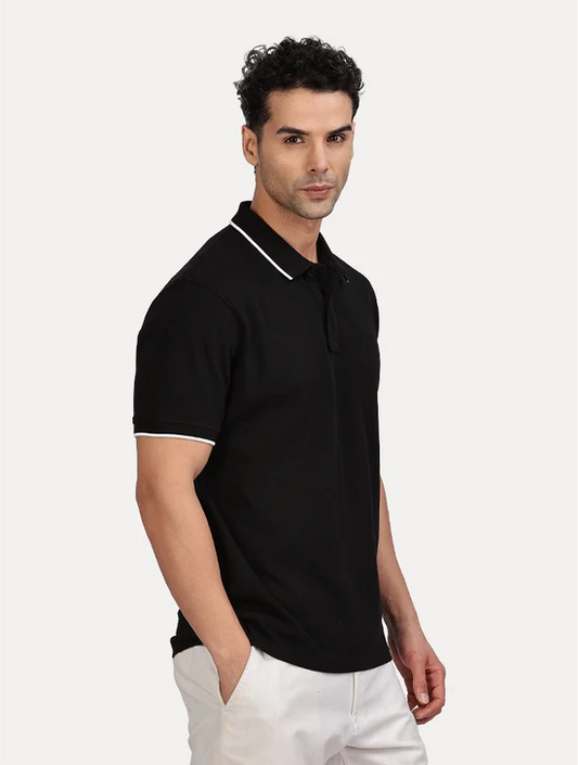 BLACK SOLID POLO T SHIRT WITH TIPPING