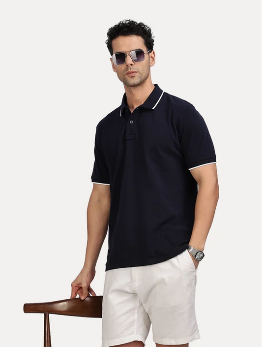 NAVY BLUE SOLID POLO WITH TIPPING