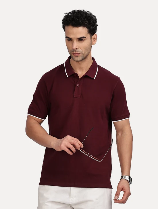 WINE COLOR SOLID POLO WITH TIPPING