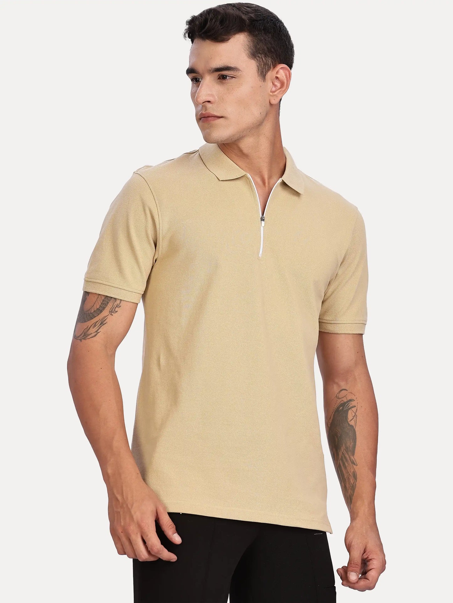 SKIN COLOR MEN SOLID ZIPPER POLO