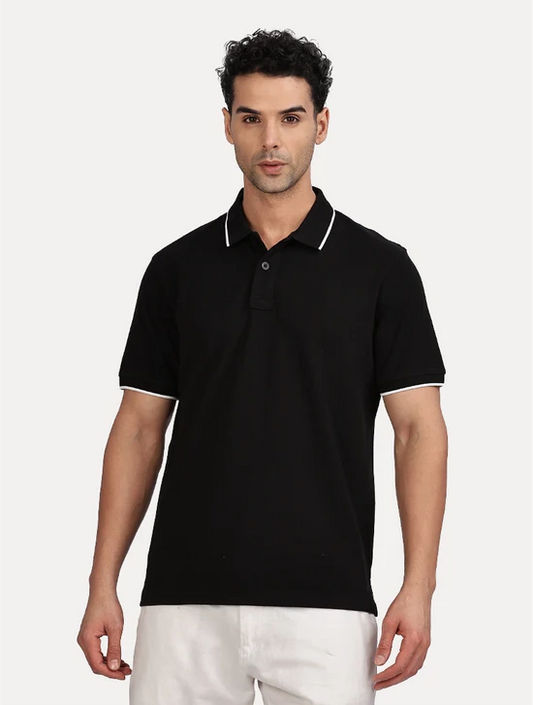 BLACK SOLID POLO T SHIRT WITH TIPPING