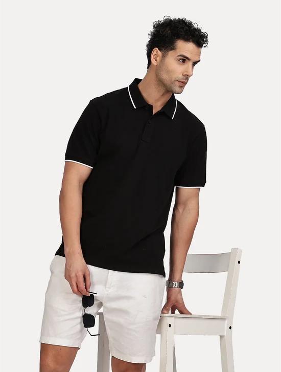 BLACK SOLID POLO T SHIRT WITH TIPPING