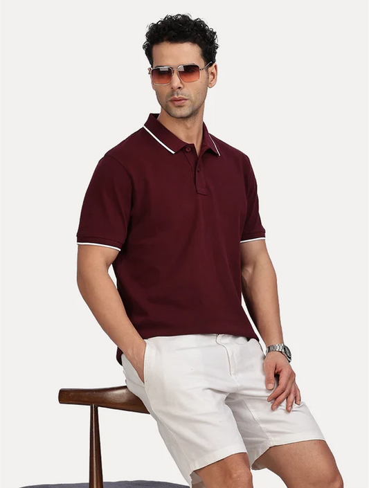 WINE COLOR SOLID POLO WITH TIPPING