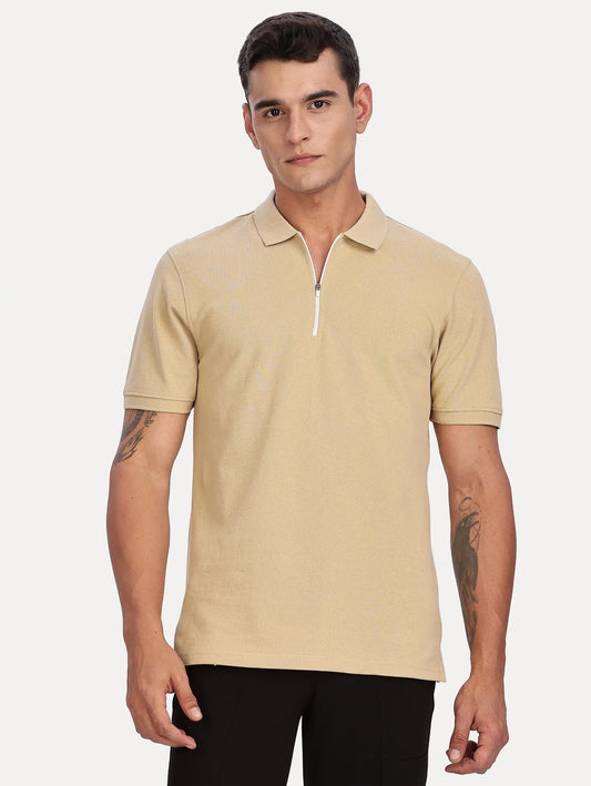 SKIN  COLOR MEN SOLID ZIPPER POLO