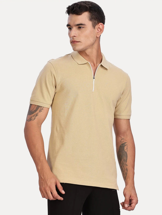 SKIN  COLOR MEN SOLID ZIPPER POLO